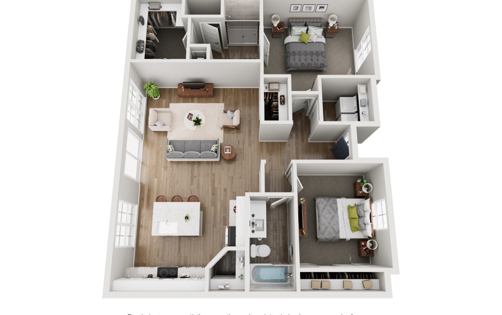 B1 - 2 bedroom floorplan layout with 2 bathrooms and 1114 square feet (3D)