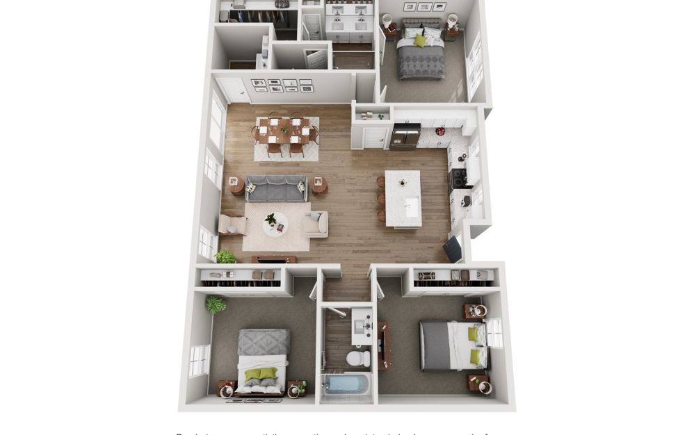 C1 - 3 bedroom floorplan layout with 2 bathrooms and 1369 square feet (3D)