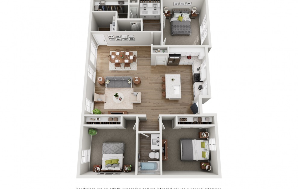 C1 - 3 bedroom floorplan layout with 2 baths and 1369 square feet. (3D)