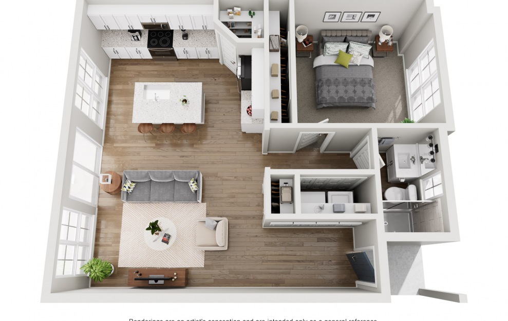 A1 - 1 bedroom floorplan layout with 1 bath and 746 square feet. (3D)