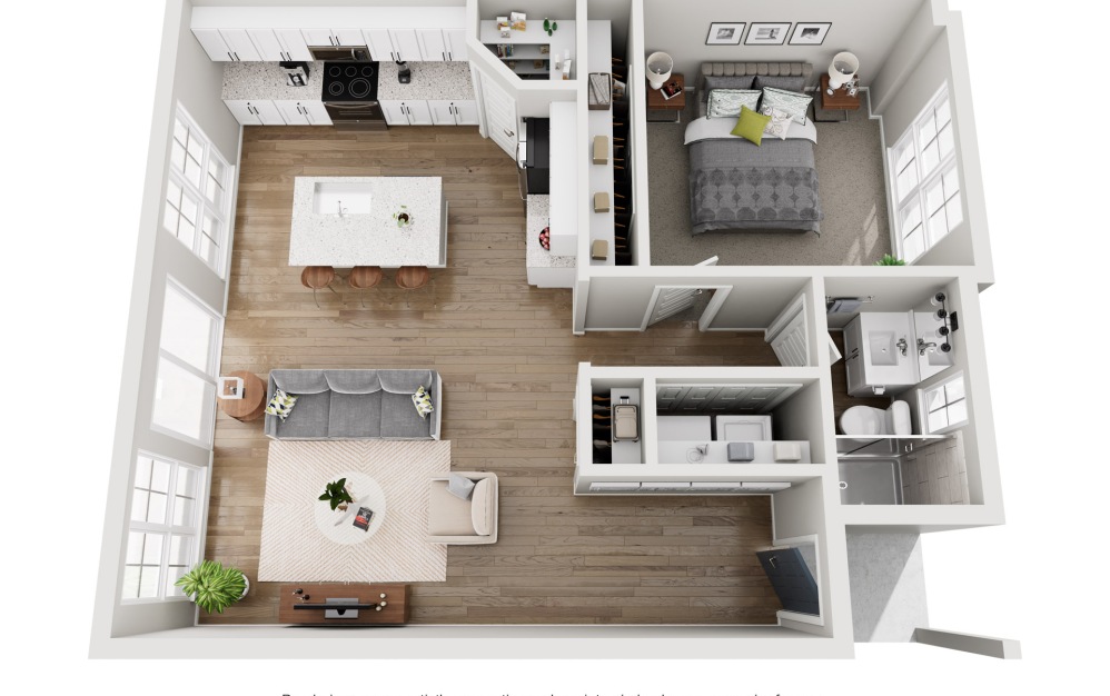 A1 - 1 bedroom floorplan layout with 1 bathroom and 746 square feet (3D)